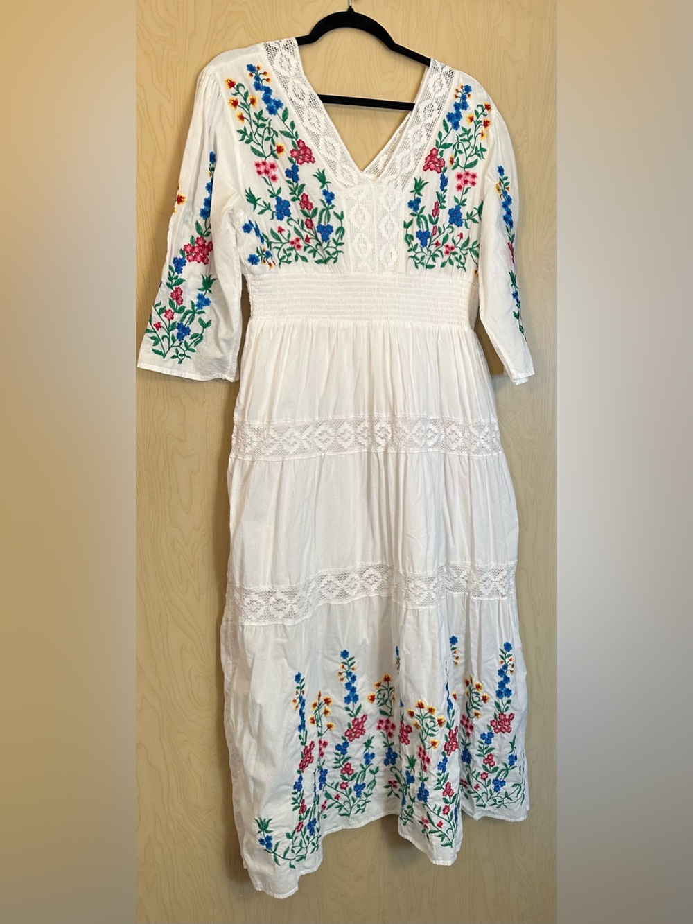 Artisan White Maxi Dress with Multicolor Floral Embroidery